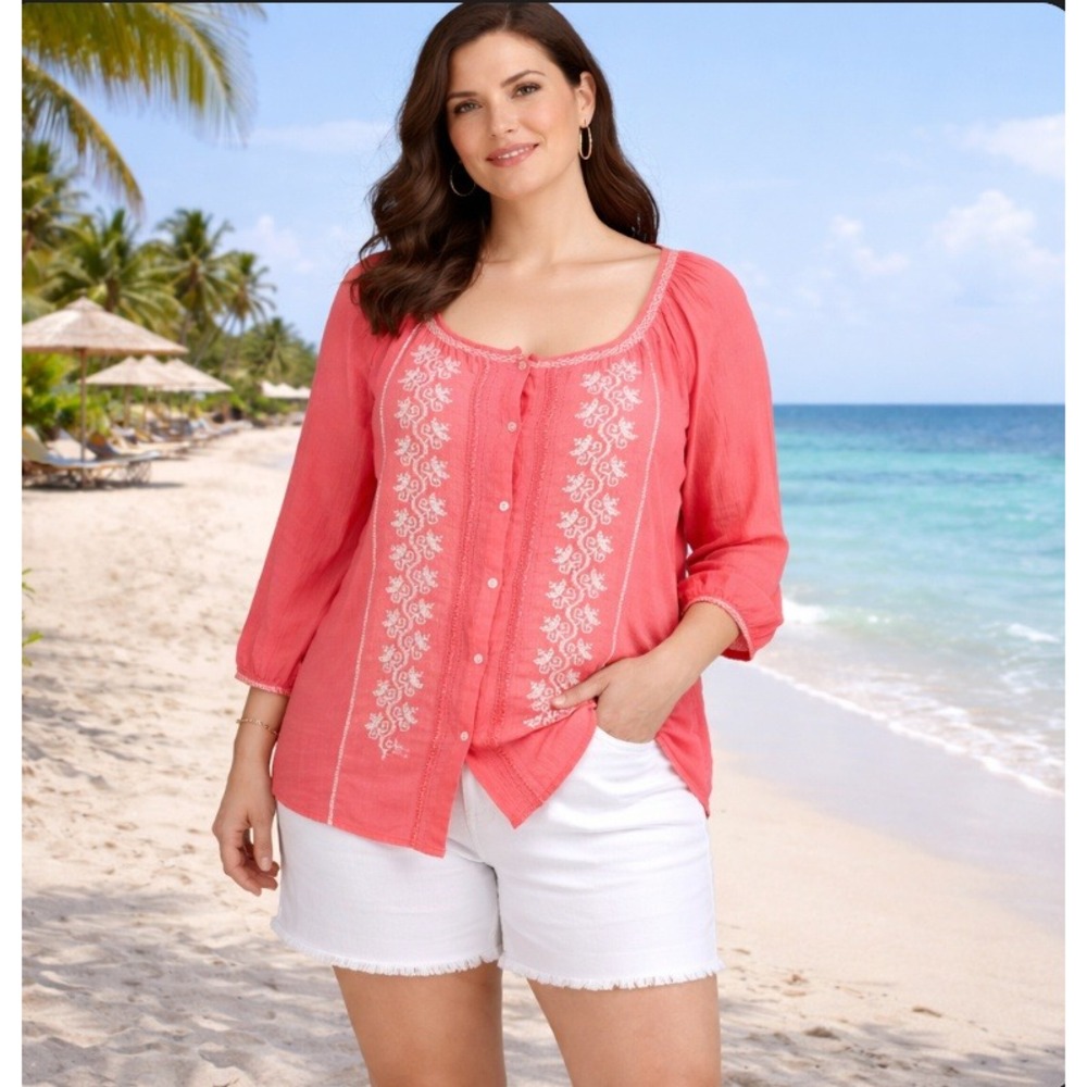 J Jill Embroidered Boho Blouse Shirt Top Salmon Pink Women's Size M Medium Missy